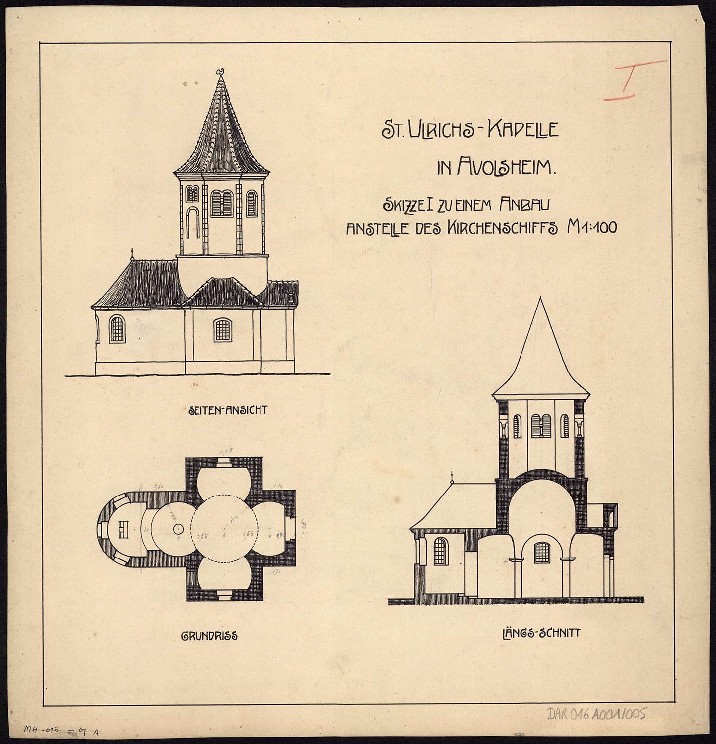 Projet d’extension de la nef, plan de masse, élévation de la façade nord et coupe longitudinale (variante 1).